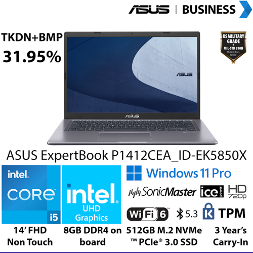 ASUS ExpertBook NB P1412CEA_ID-EK5850X I5/8GB/512GB SSD/WIN11PRO/3Y